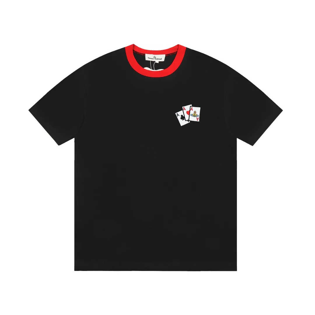 VIVI11#vivienne west wood Queen Mother West Vivian Saturn Poker Contrast Color Short Sleeve 2024 Top Popular Style XS-L Color: Black White
